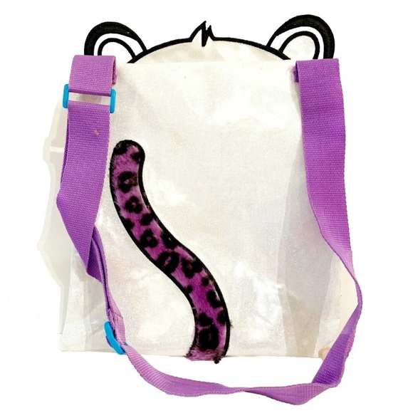 Justice Girls Bag Backpack Purple Blue Cat Cheetah Sparkly Furry Iridescent Cute - Picture 2 of 14